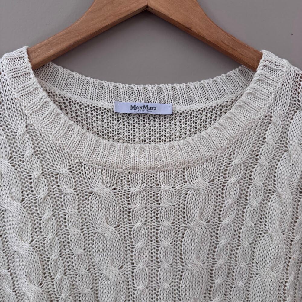 Max Mara Orosei Cable Flax Sweater Short Sleeve Cable Knit Cream $349 - Picture 4 of 7